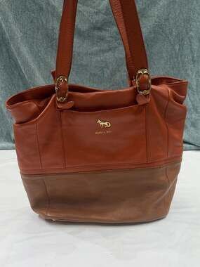 Emma Fox Two-Tone Leather Shoulder Tote Bag in Burnt Orange and Brown